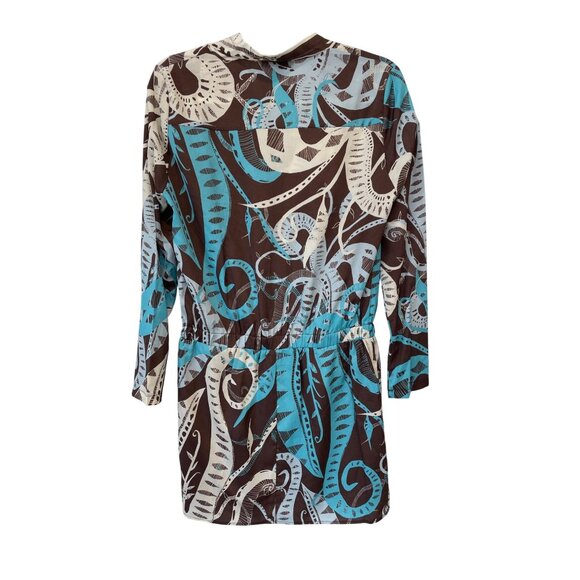 Glam Faux Wrap Long Sleeve Mini Dress Size Small Abstract Turquoise Brown Indie - Picture 2 of 8